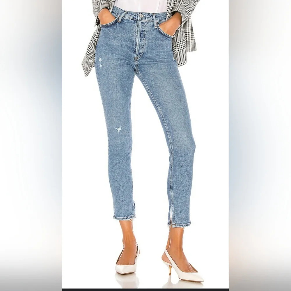Agolde Nico Jeans High Rise Slim Womens Size 23 Headlines Blue Denim Distressed